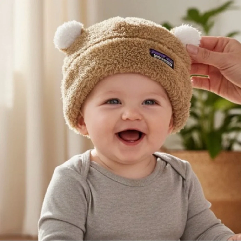 Patagonia Baby Furry Friends Tan Fleece Bear Beanie Hat - 6M